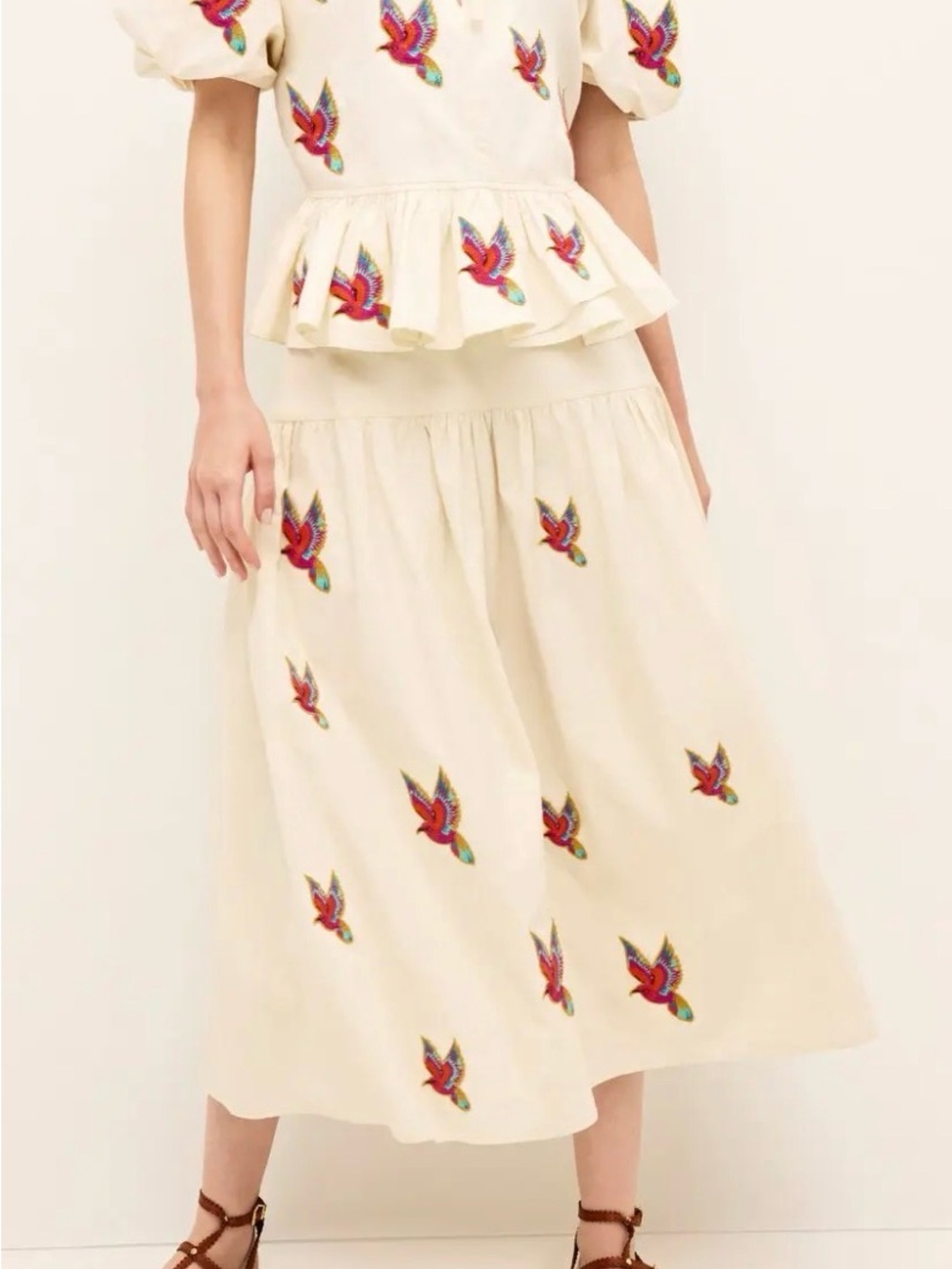 Marie Oliver Owens Flock Embroidered Cream Midi Skirt with Bird NWT Sz 10